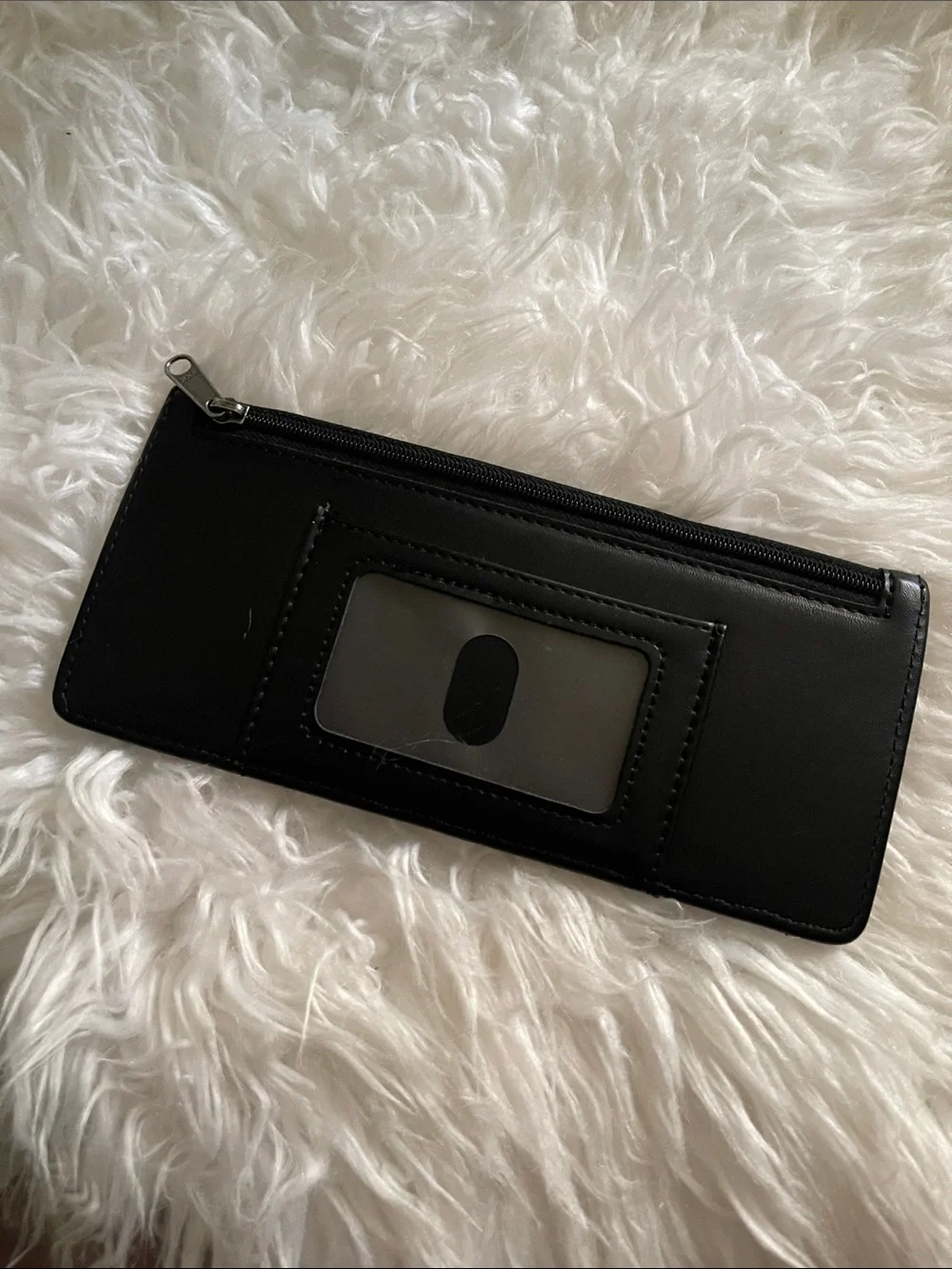 Black Leather Card Holder with ID Window and Zipper Pocket